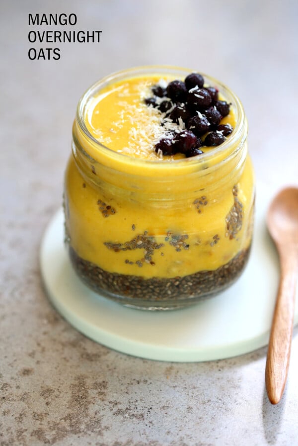 Mango Overnight Oats with Turmeric and Chia Seeds. Golden Overnight Oats. #Vegan #Glutenfree #Nutfree #Soyfree #Recipe #veganricha #breakfast | VeganRicha.com