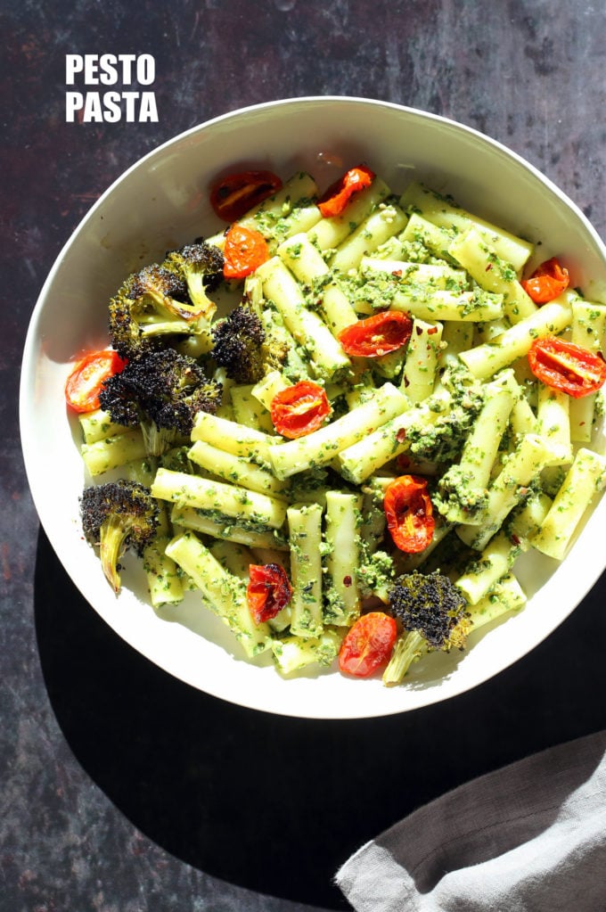 Vegan Pesto Pasta with Charred Broccoli. Easy Vegan Pesto with Ziti, served with roasted cherry tomatoes and broccoli. #Vegan #Soyfree #Recipe #VeganRicha. Can be #glutenfree and #nutfree | VeganRicha.com