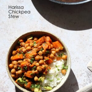 Harissa Chickpea Stew with Sweet Potato. This stew is my fridge clean up version of a Moroccan Chickpea Stew. Use seasonal veggies and lentils for variation. #Vegan #Glutenfree #Soyfree #Nutfree #Recipe #veganricha