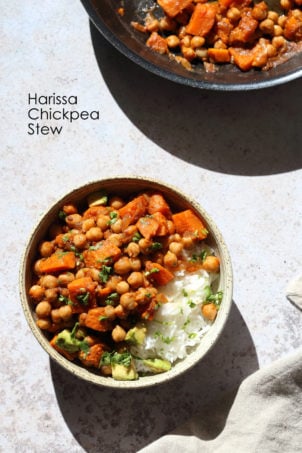 Harissa Chickpea Stew with Sweet Potato. This stew is my fridge clean up version of a Moroccan Chickpea Stew. Use seasonal veggies and lentils for variation. #Vegan #Glutenfree #Soyfree #Nutfree #Recipe #veganricha