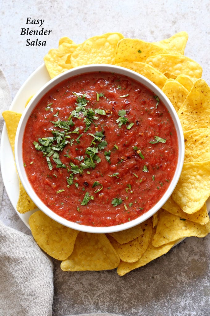 Easy Homemade #Salsa. This fresh tomato salsa is super quick to make in a blender or a food processor and is always a hit at the party. #Vegan, #Glutenfree, #Soyfree, #Nutfree recipe. #veganricha