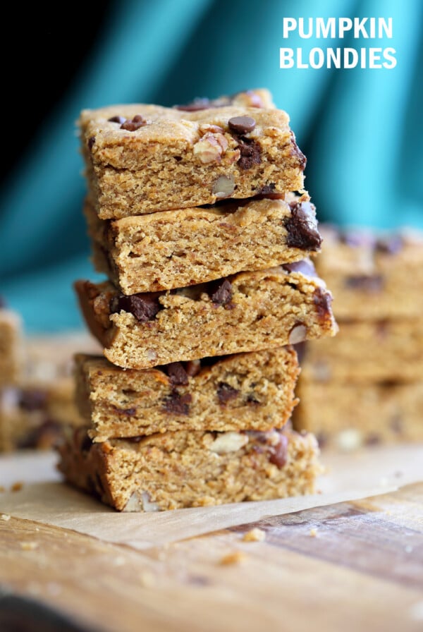 Vegan Pumpkin Blondies! Easy Nut Butter Pumpkin Blondies with Pecans and chocolate chips. No Added oil. #veganricha #vegan #Nutfree #Glutenfree option