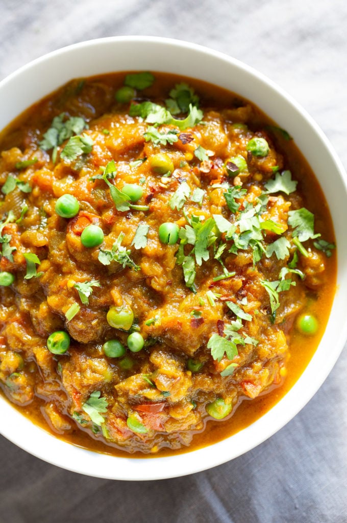 Instant Pot Baingan Bharta Recipe - Spiced Mashed Eggplant. Serve as dip with flatbread or with curries or Dals. #Vegan #Glutenfree #Nutfree #Soyfree #Recipe #VeganRicha