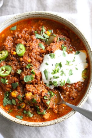 Instant Pot Enchilada Soup with Quinoa, walnuts, mushrooms. Bean-free Quinoa Chili with enchilada seasoning. Saucepan Option. #VeganRicha #Vegan #Soyfree #Glutenfree #Recipe #Nutfreeoption