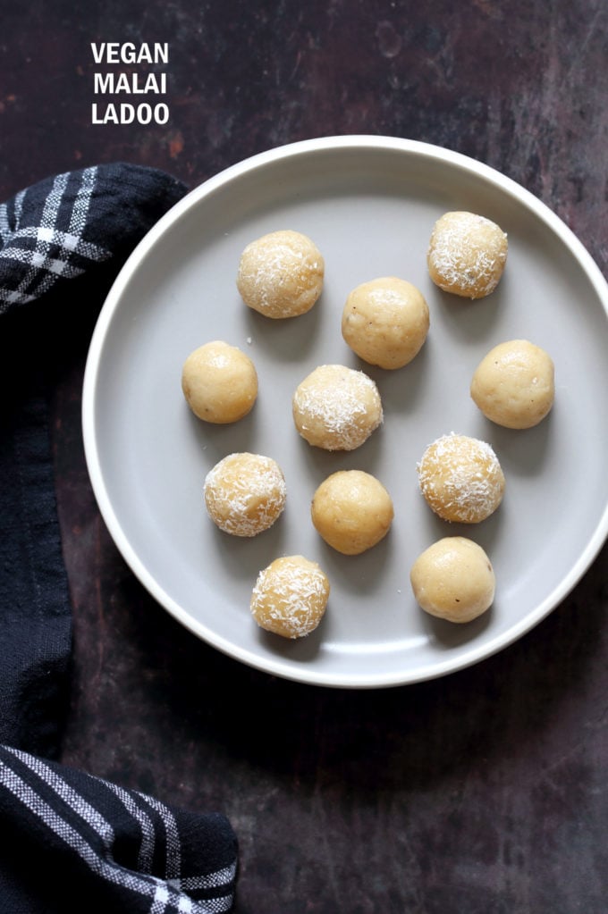 Vegan Malai Ladoo. Sweet Fudge balls that are flavored with cardamom. Festive Indian Sweet. Dairy-free Ladoo. #veganRicha #Vegan #Glutenfree #Soyfree #Recipe Can be #oilfree.