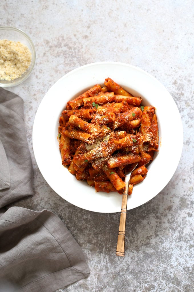 Instant Pot Ziti with Tomato Sauce. Date Night Quick Pasta with Ziti, sprinkled with vegan parm and fresh herbs. #Vegan #Soyfree #Recipe #VeganRicha #instantPot #pasta . Easily #Glutenfree, #Nutfree