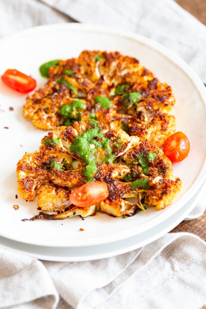 Cajun Roasted Cauliflower "Steaks" with Chimichurri Sauce Vegan Richa