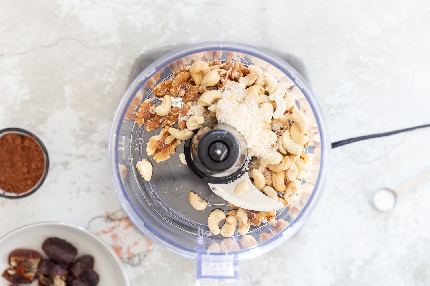 Ingredients for our Raw Vegan Brownie Bites in food processor