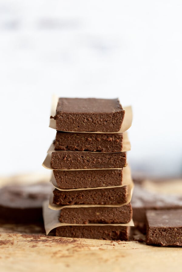 Vegan Chocolate Avocado Freezer Fudge Bars on parchment