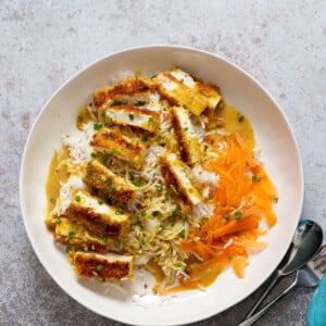 overhead shot of vegan tofu katsu curry