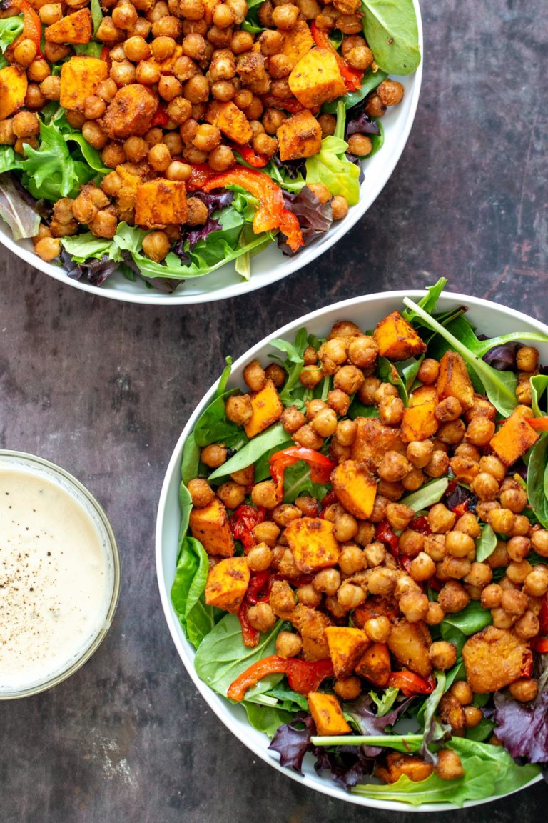 Spicy Sweet Potato Chickpea Salad Bowl with Tahini Dressing - Vegan Richa