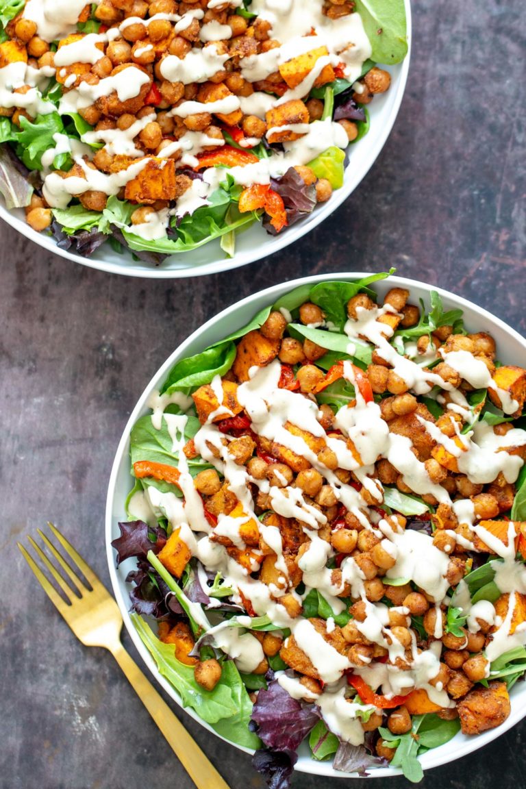 Spicy Sweet Potato Chickpea Salad Bowl with Tahini Dressing - Vegan Richa