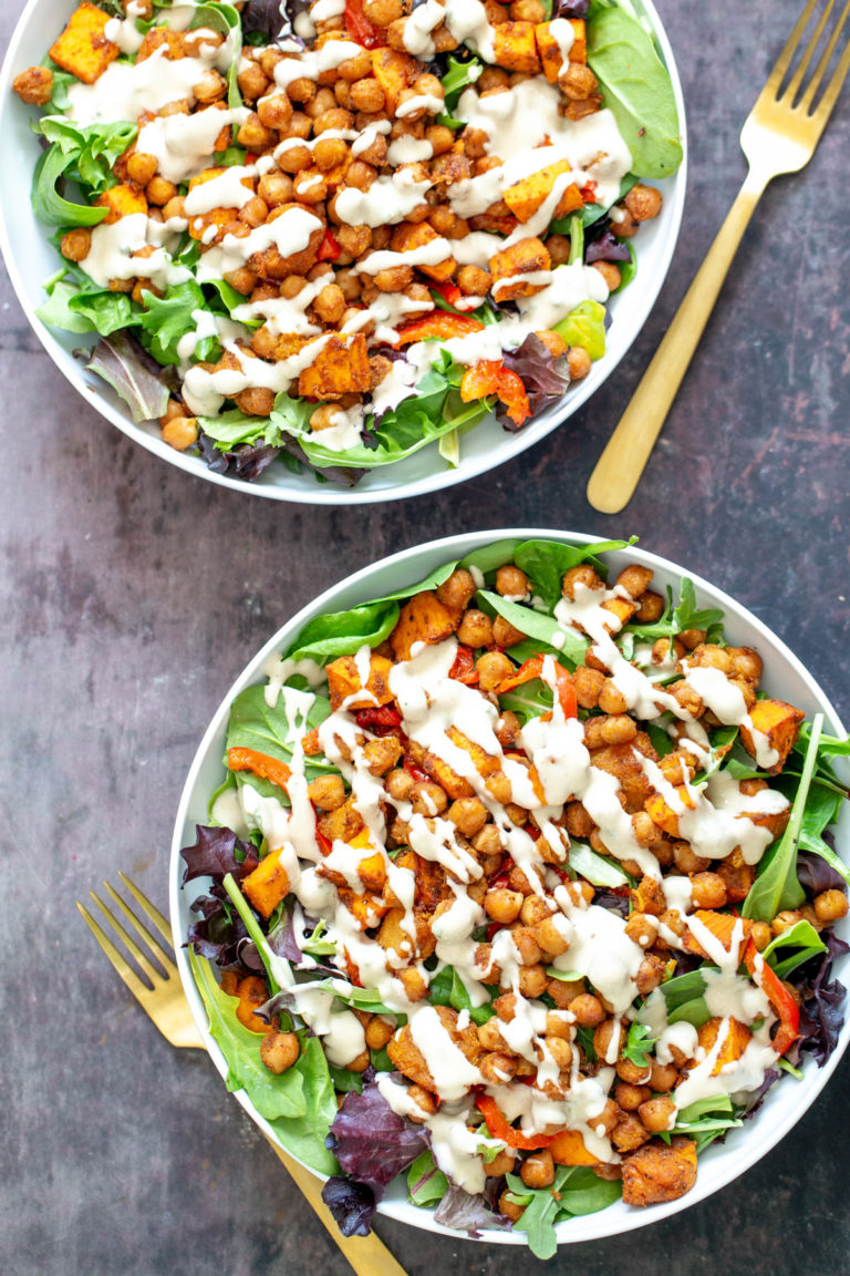 Spicy Sweet Potato Chickpea Salad Bowl with Tahini Dressing - Vegan Richa
