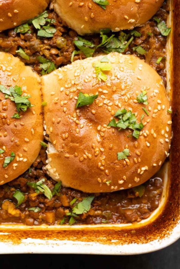 close-up of keema lentil casserole in the baking pan after baking