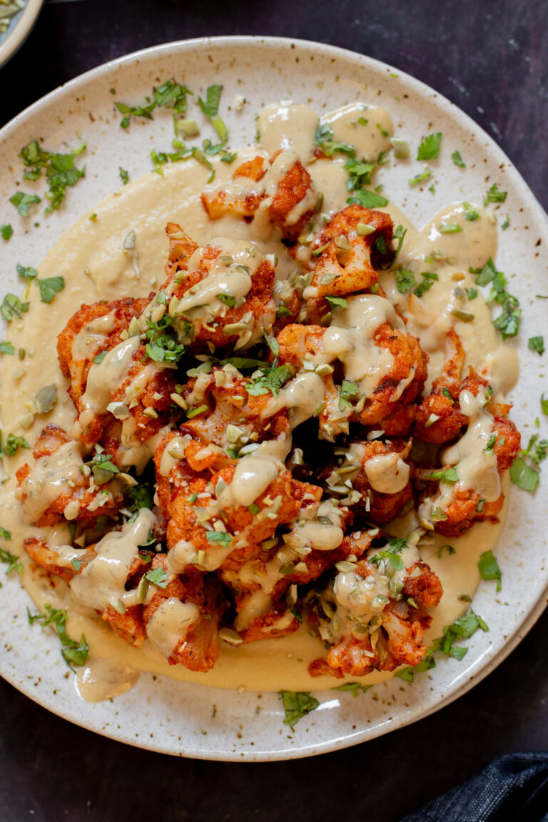 Harissa Cauliflower with Tahini Dill Dressing (30 minutes)