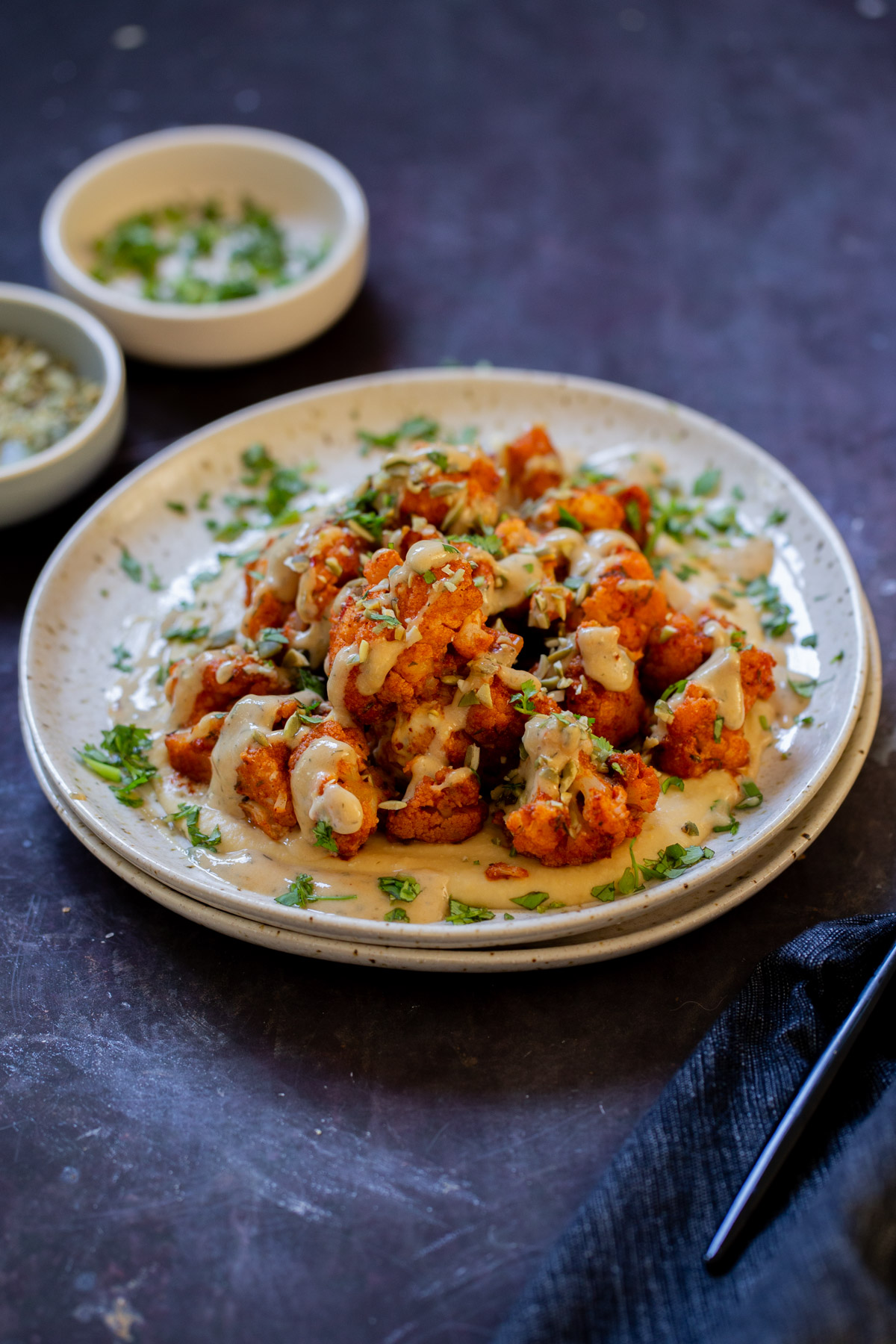 Harissa Cauliflower with Tahini Dill Dressing (30 minutes)