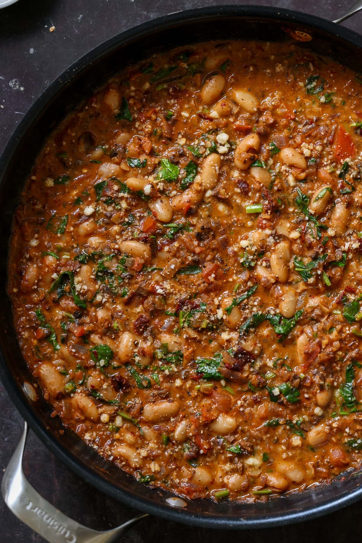 Smoky Sun-dried Tomato Walnut Sauce White Bean Skillet