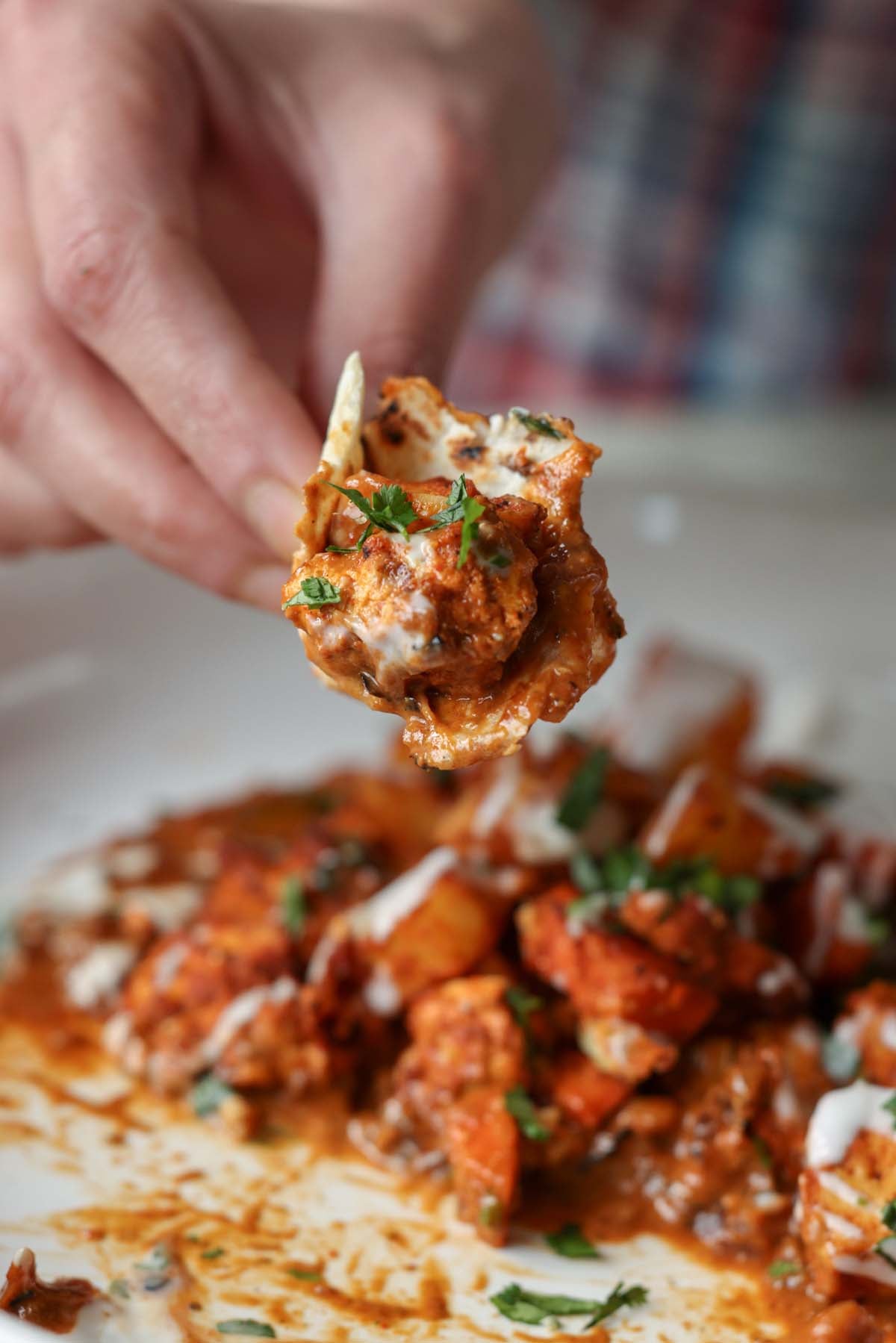 close-up of a hand scooping up some of the ghee roast with flatbread