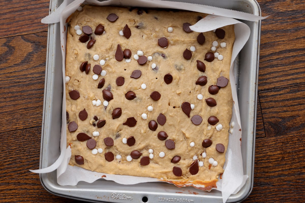 white bean blondies in the pan after baking