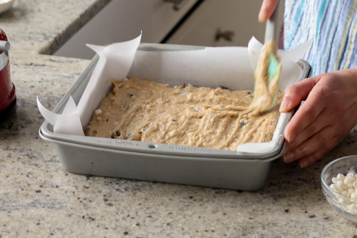 spreading out the batter after mixing in the chocolate chips