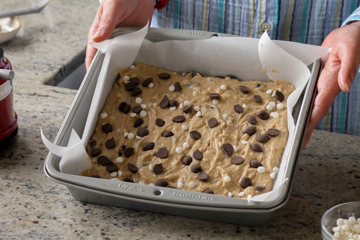 white bean blondies in the pan before baking