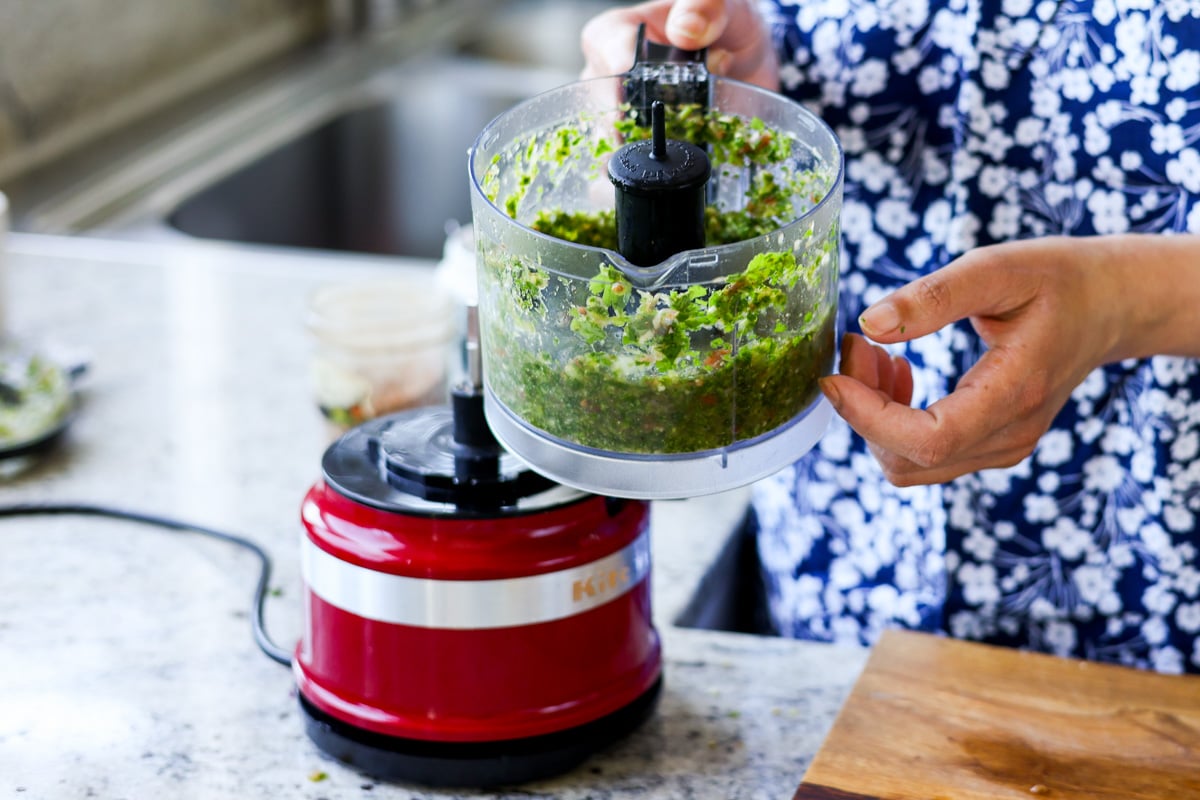 cilantro mint chutney in the food processor after running it