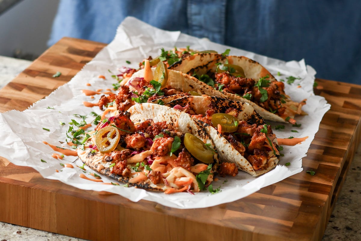 gochujang tacos with all the toppings
