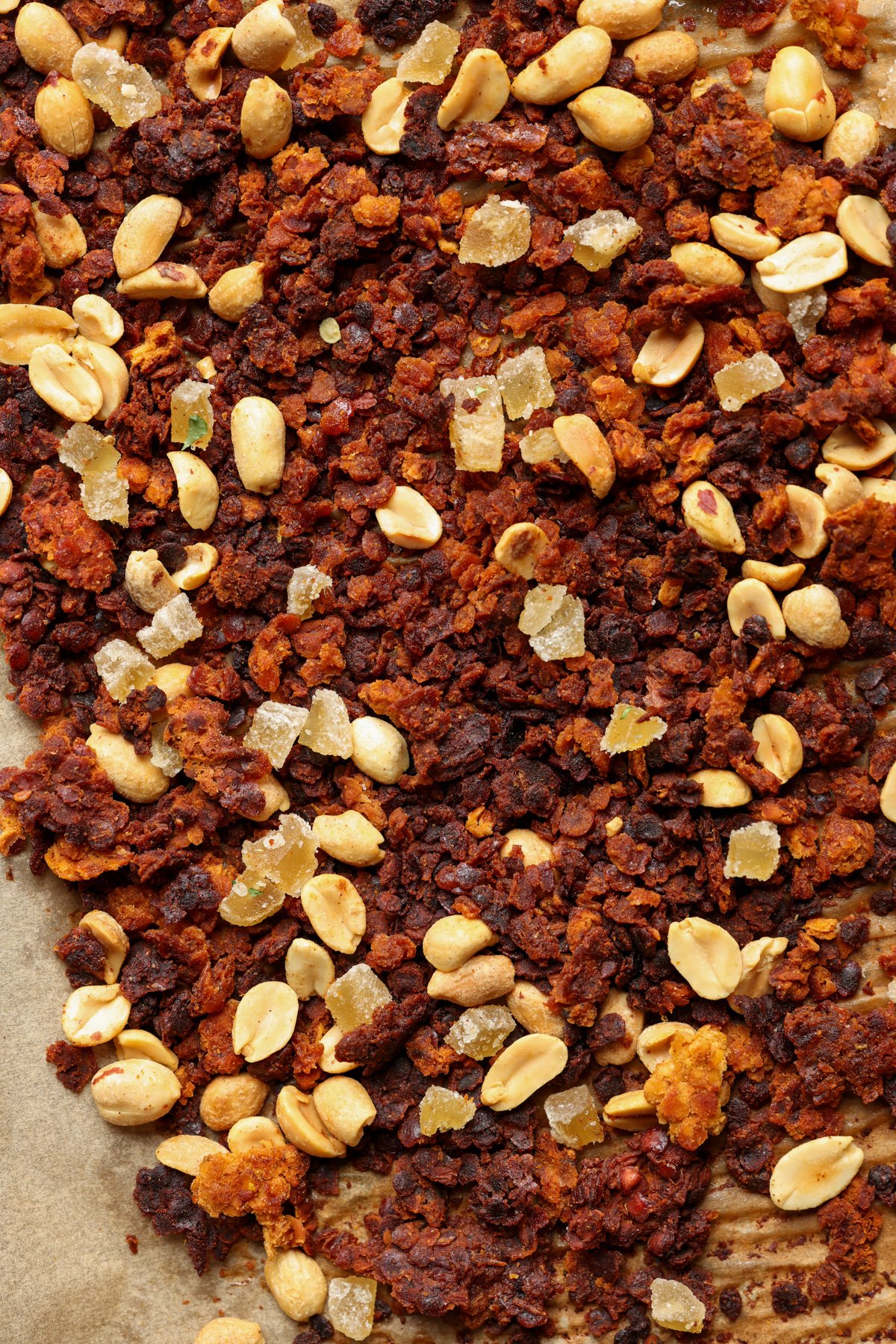peanut gochujang savory lentil granola on the baking pan after baking