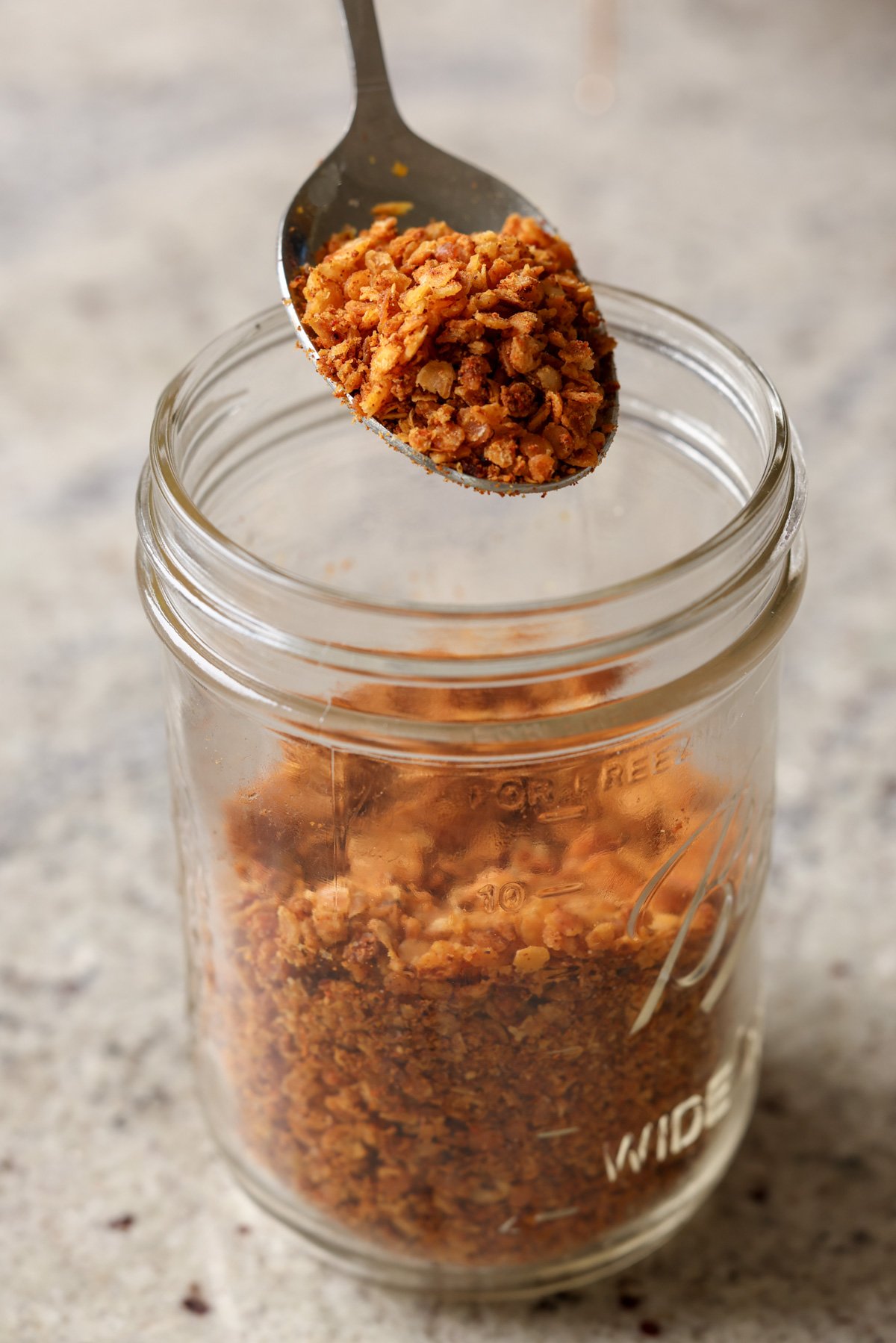 nacho cheese lentil granola in the jar