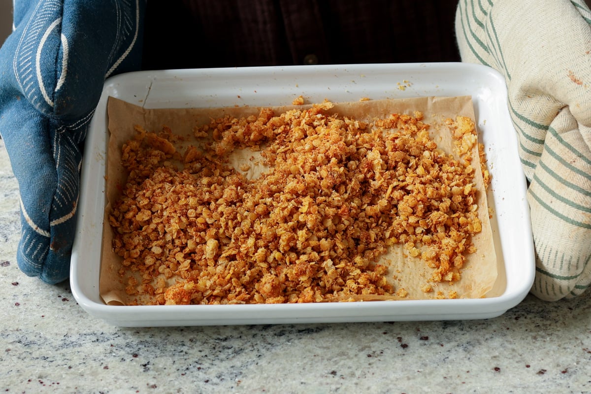 nacho cheese granola on the pan before baking