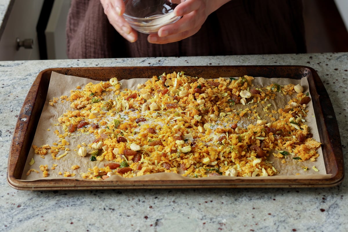 adding Indian spice mix to the lentil granola