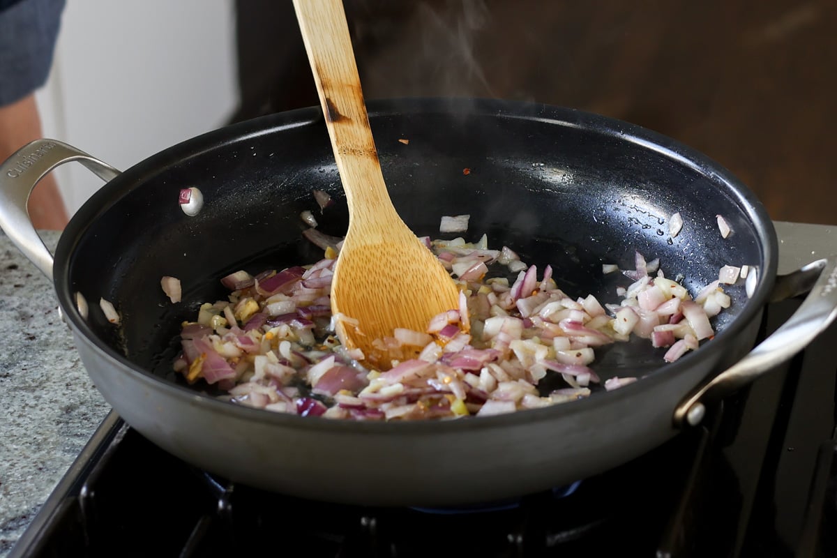 onions and garlic in th span after cooking
