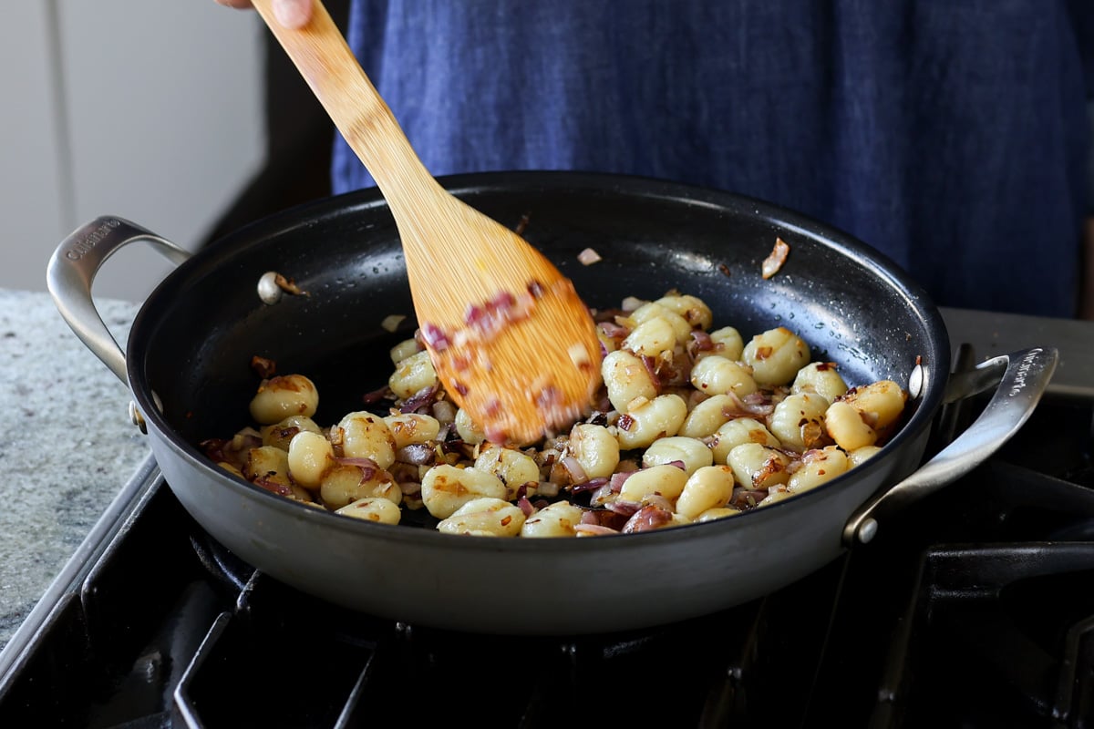 crisped up gnocchi in the pan
