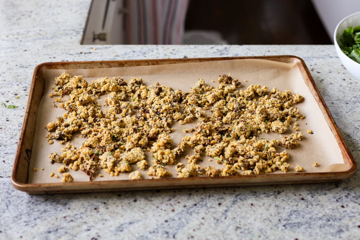 chickpea crumble on the baking sheet before baking