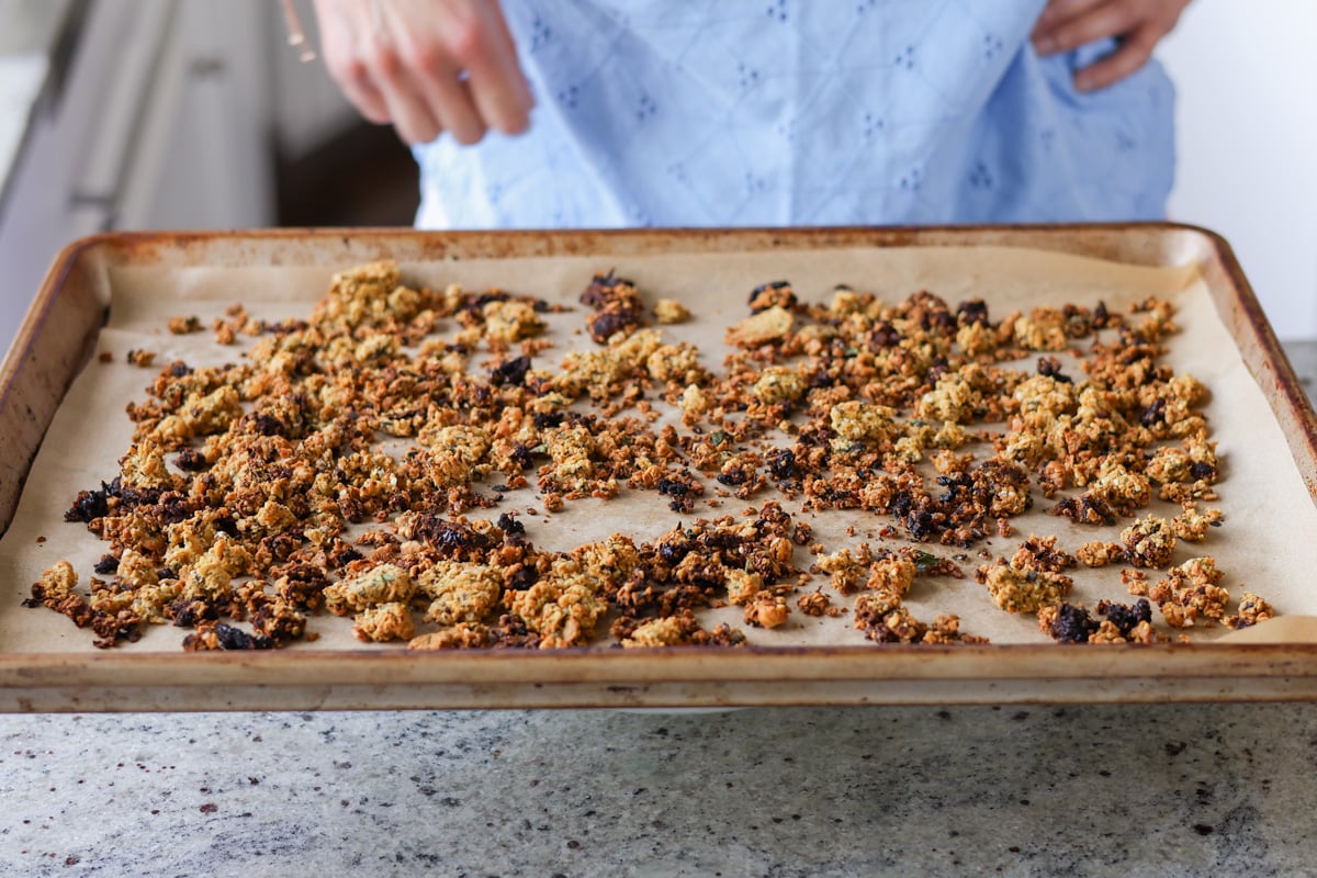 chickpea crumble on the baking sheet after baking