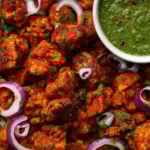 close-up tofu Koliwada with mint chutney on the side