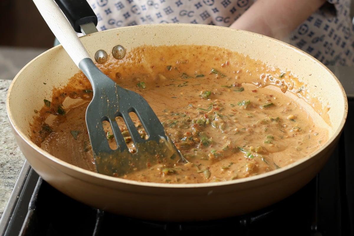 tofu majestic sauce in the pan after cooking