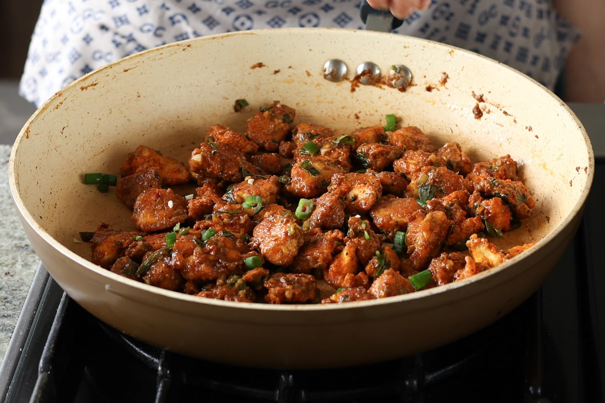 tofu majestic in the pan after cooking in the sauce