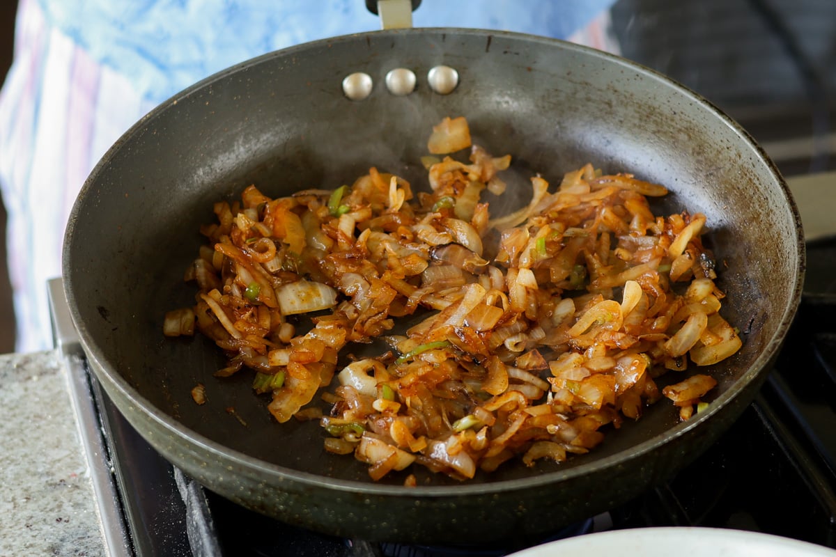 Caramelized onion in a skillet.