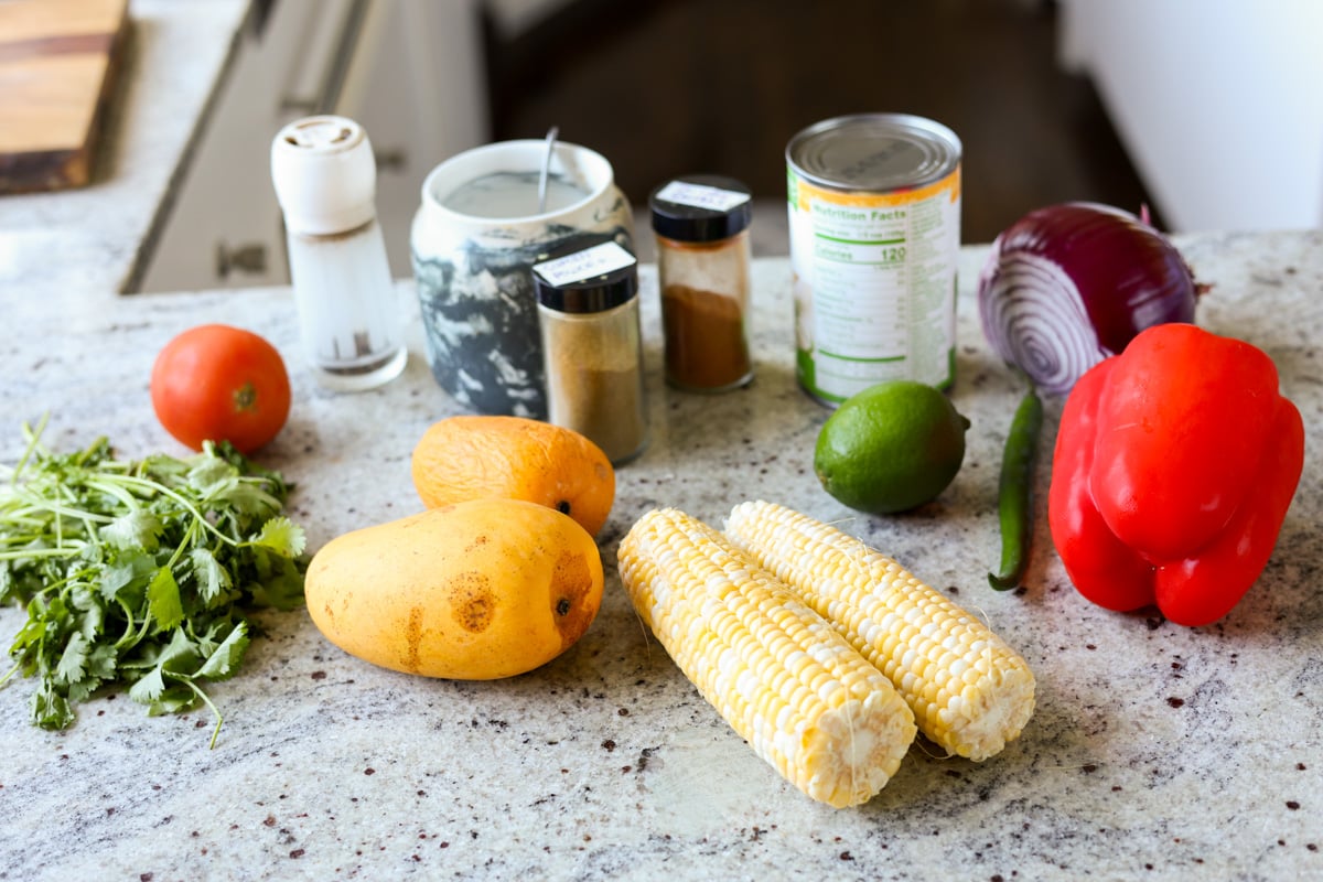 mango chickpea salad ingredients before prepping