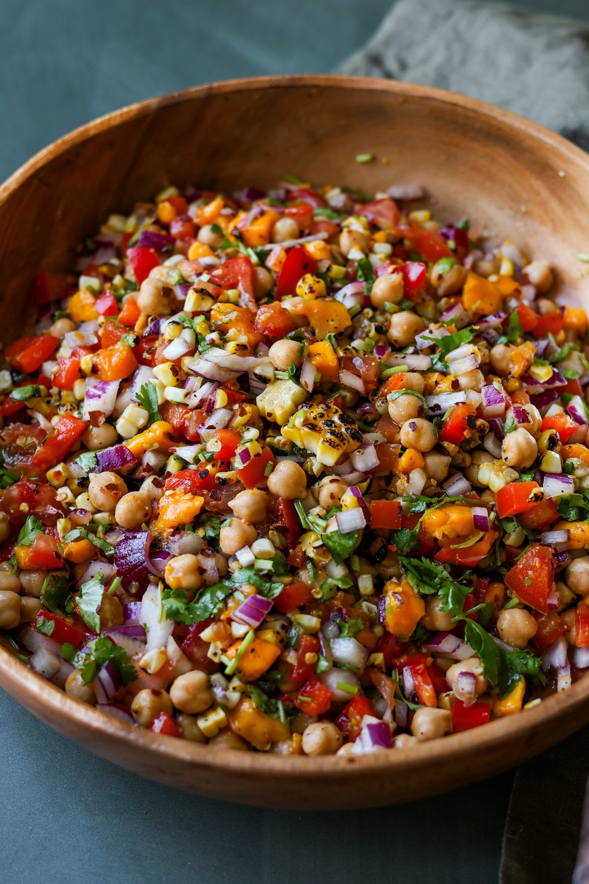 mango chickpea salad in a serving bowl