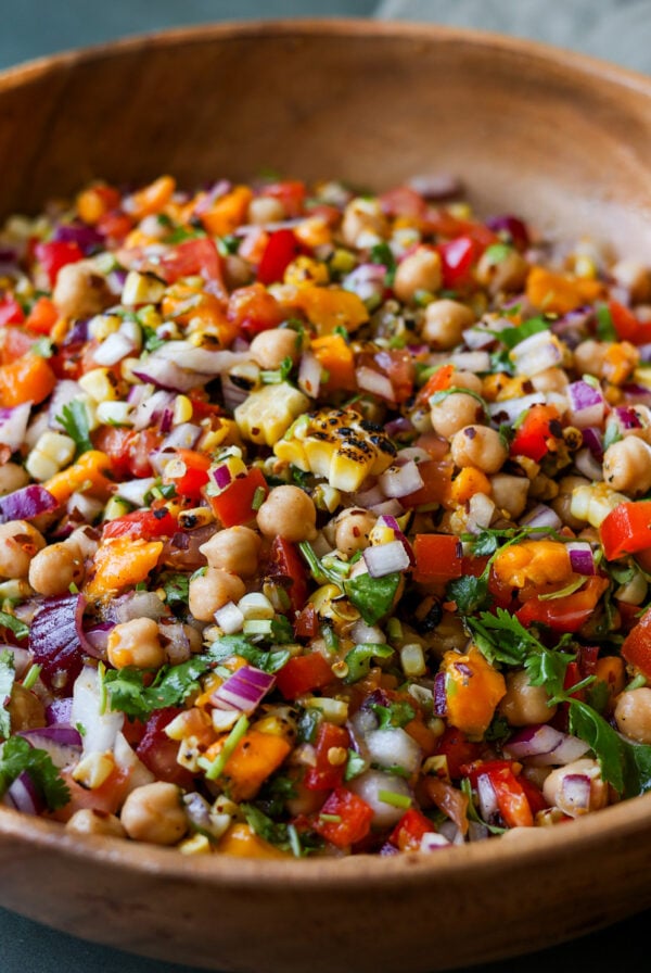 mango chickpea salad in a serving bowl