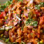 close-up of cajun sheet pan beans veggies in a bowl