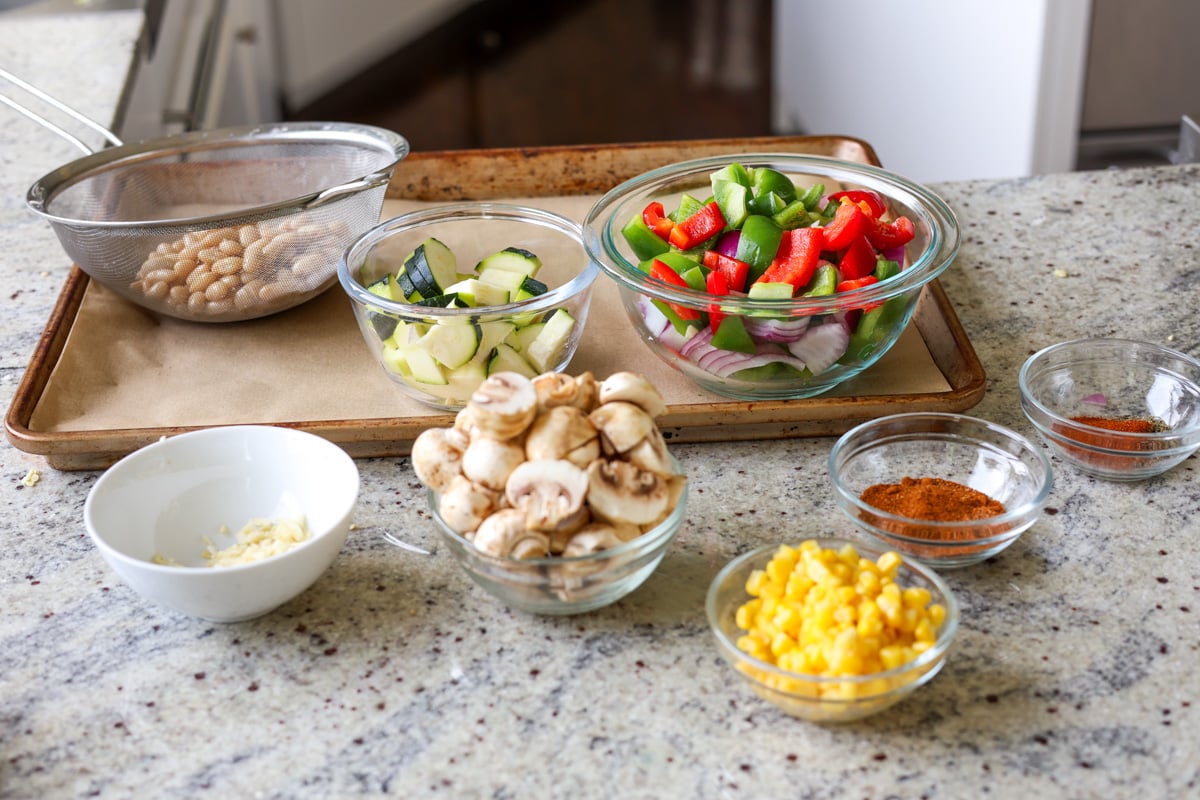 cajun sheet pan beans veggies ingredients after prepping