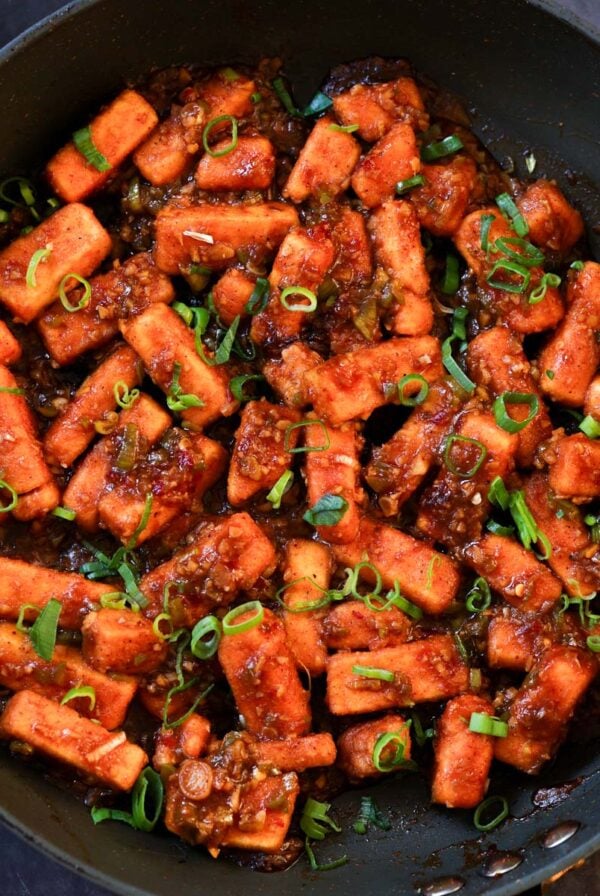 tofu Manchurian in the pan after coating the tofu in the sauce