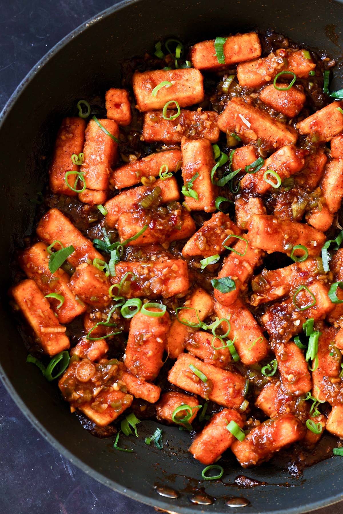 close-up of tofu Manchurian in the pan