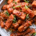 close-up of tofu Manchurian in a bowl with rice