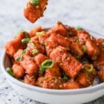 fork taking a bite of tofu Manchurian