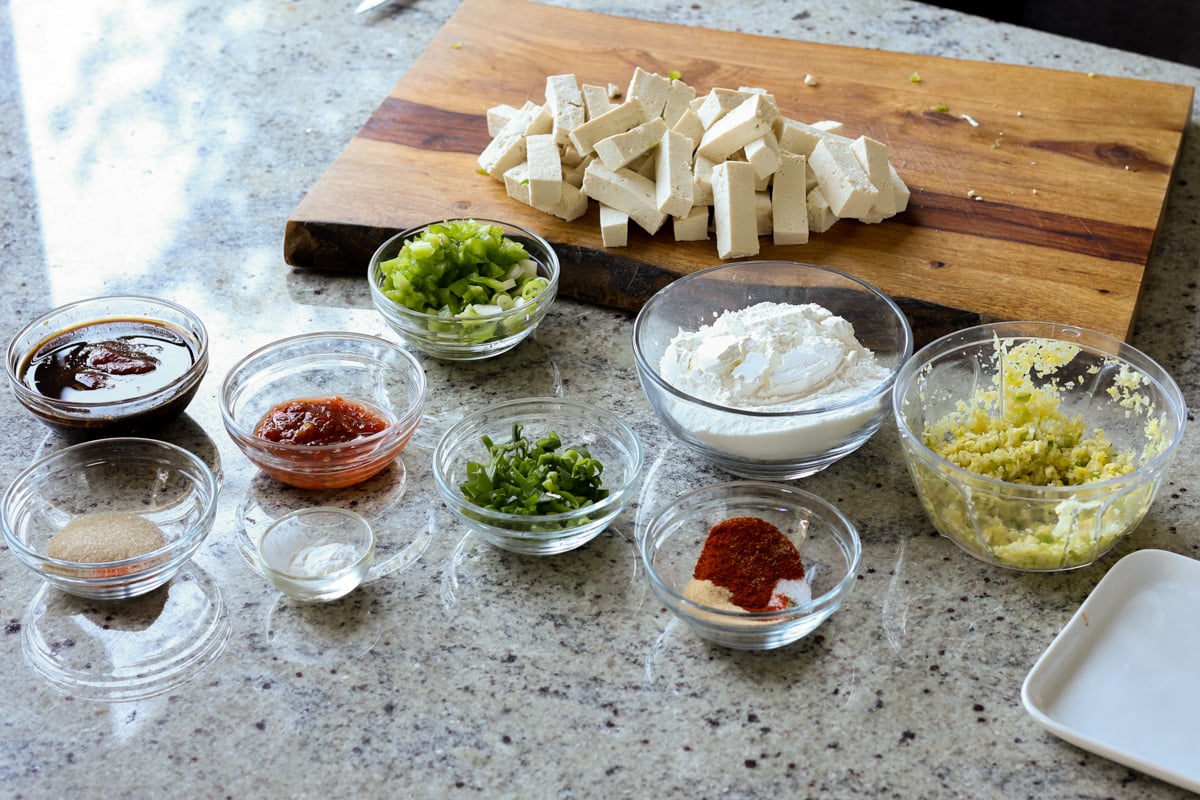 tofu Manchurian ingredients on the kitchen counter