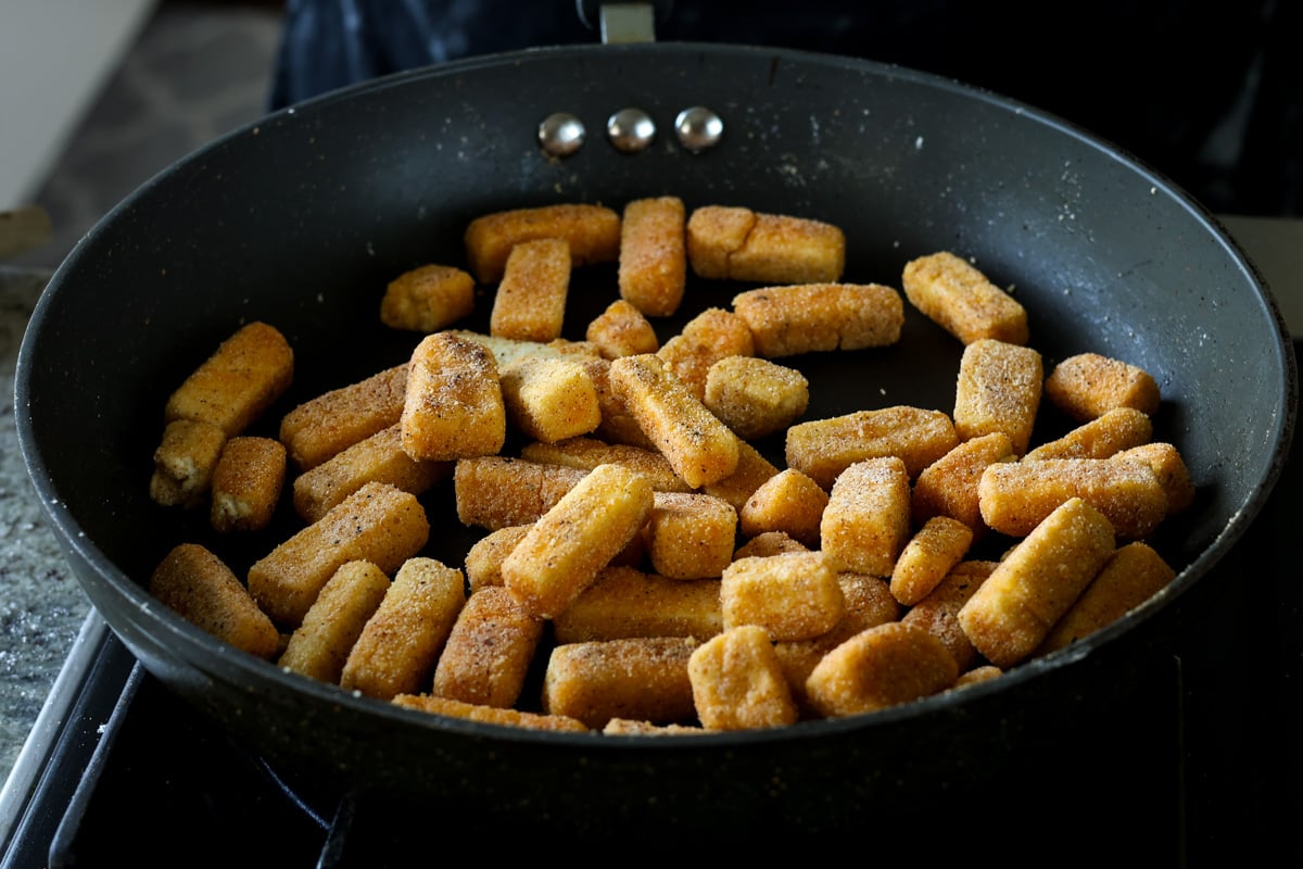 crispy tofu in the pan after cooking